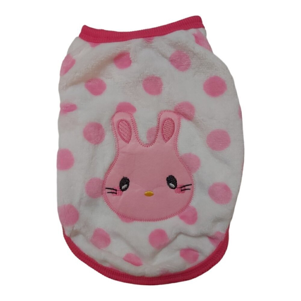 Dog/Cat Faux Fur White Sweater with Pink Polka Dots and Pink Bunny Head - Size M